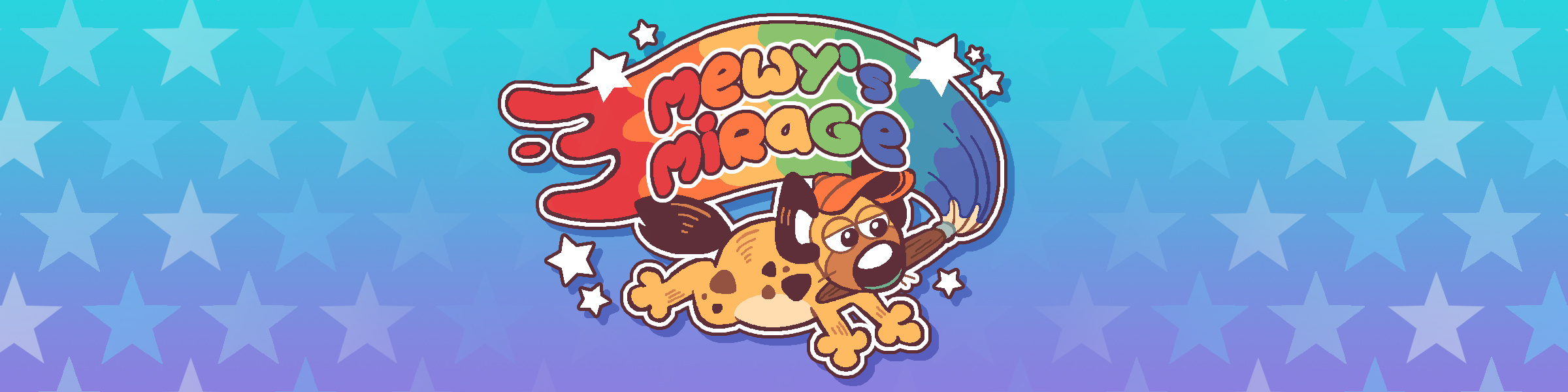 Banner of a cartoon hyena carrying a rainbow paintbrush with the words 'Mewy's Mirage' above them.