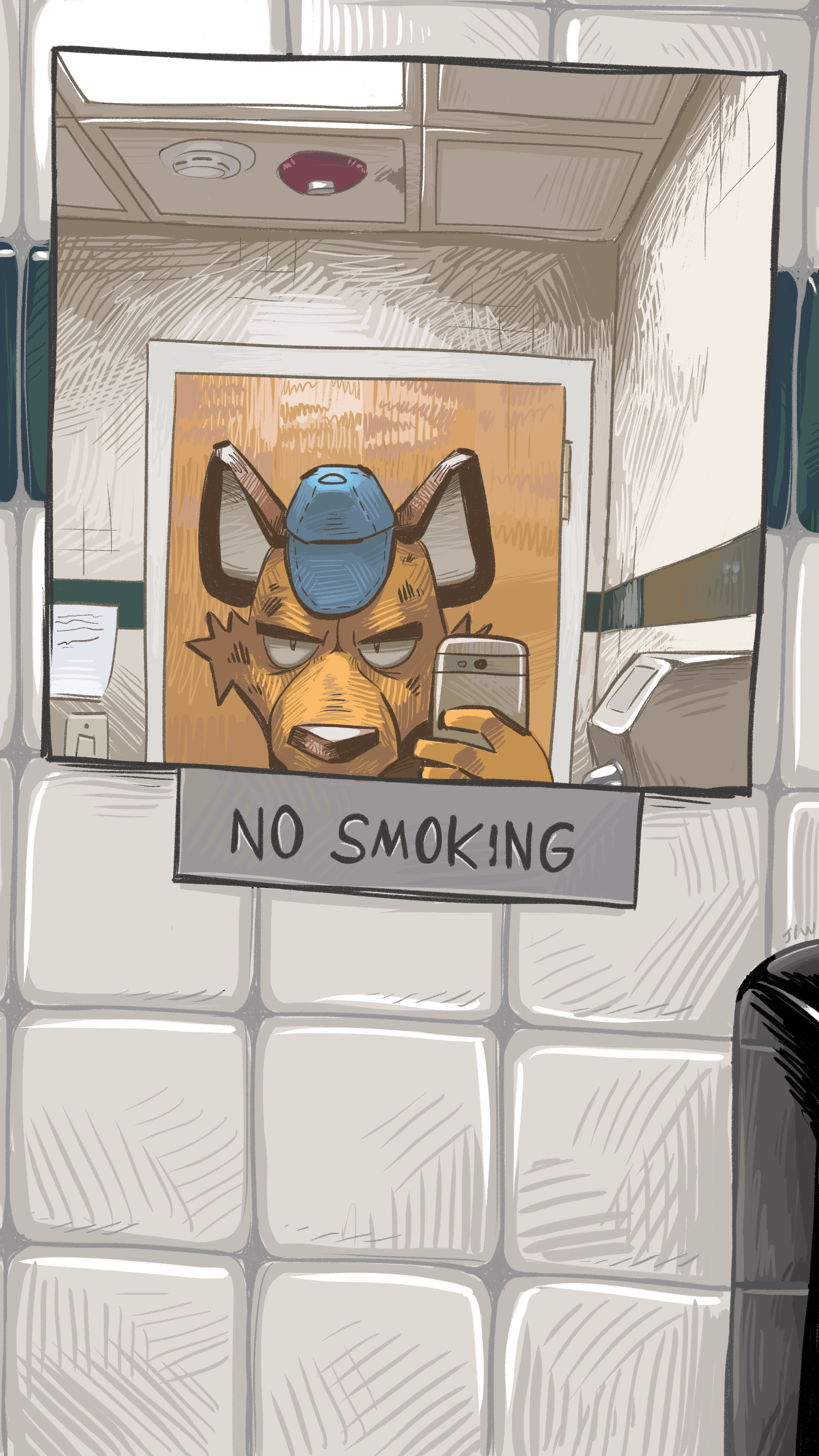 Digital illustration of a hyena angrily taking a selfie in a small mirror