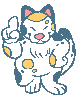 Cartoon calico cat with happy kitty eyes posing.