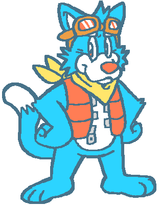 Blue and white cartoon cat with a red jacket, brown goggles, and yellow scarf.
