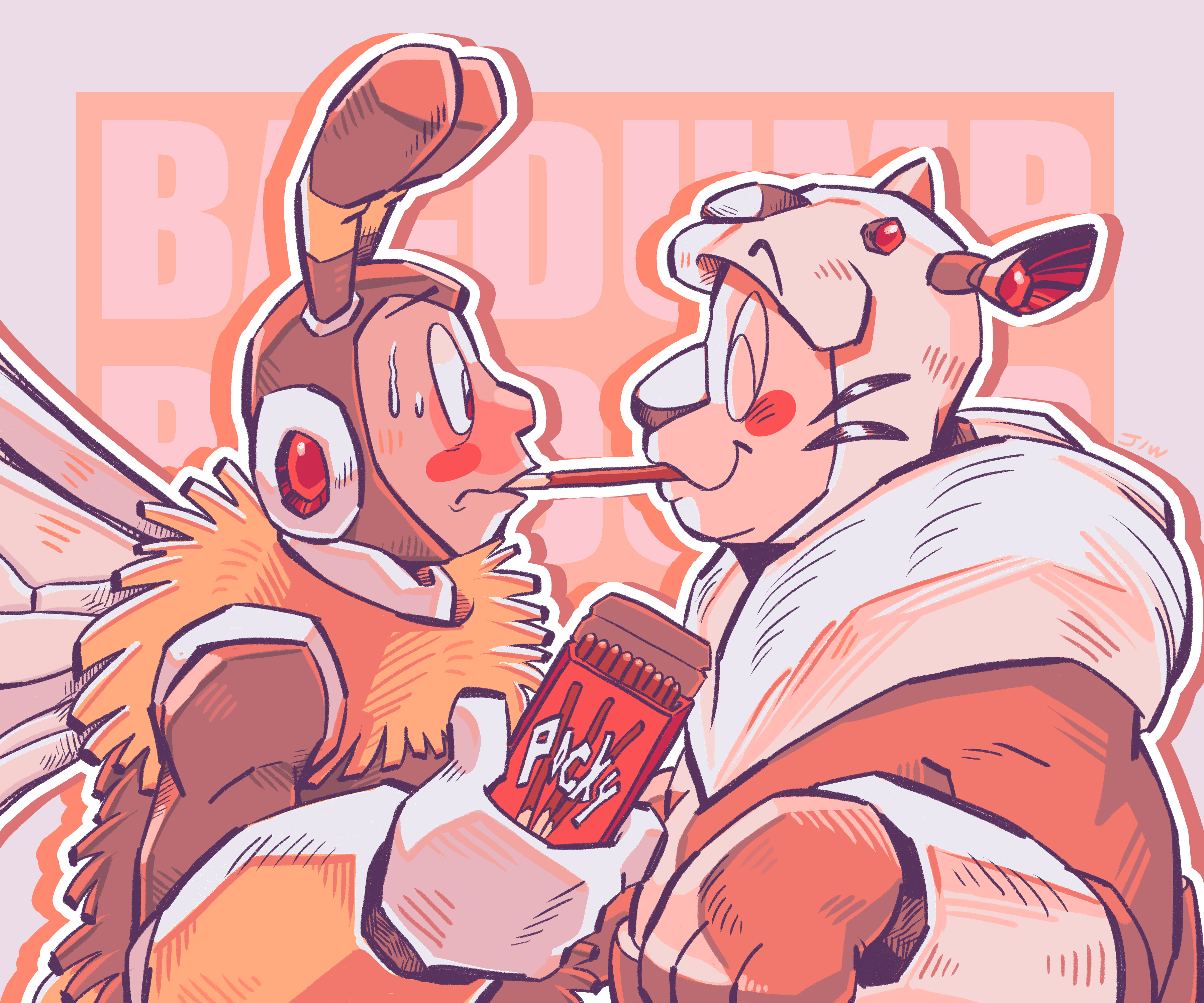 Digital illustration of a humanoid bee-themed robot and a humanoid otter-themed robot sharing Pocky together. The bee robot looks very nervous. 