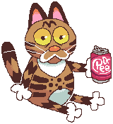 Cartoon brown tabby cat with can of Dr. Pee