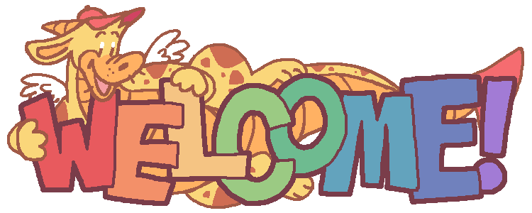 Animated gif of a dragon holding the text 'Welcome!' The text goes through a rainbow of colors over time.
