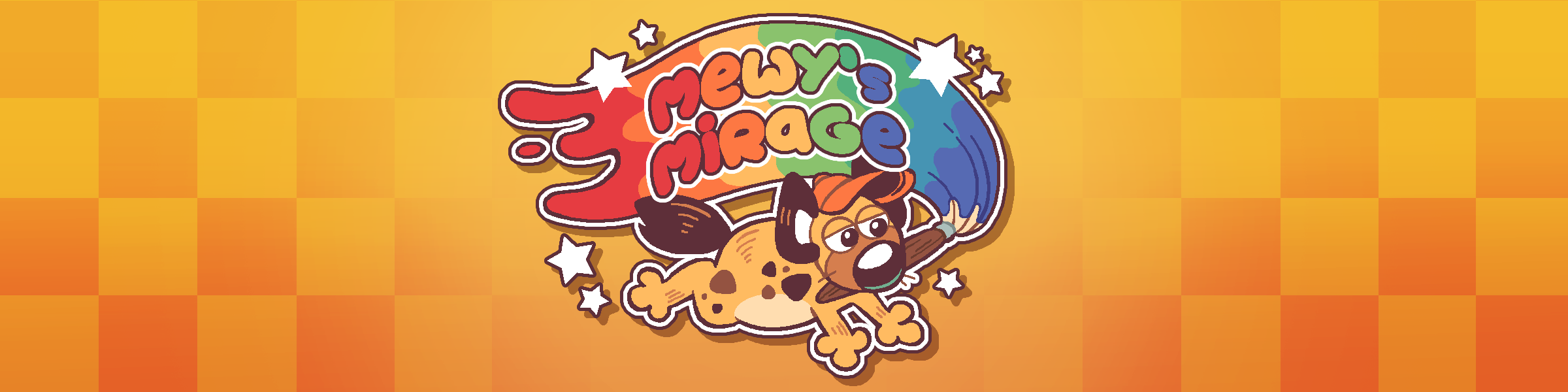 Banner of a cartoon hyena carrying a rainbow paintbrush with the words 'Mewy's Mirage' above them.